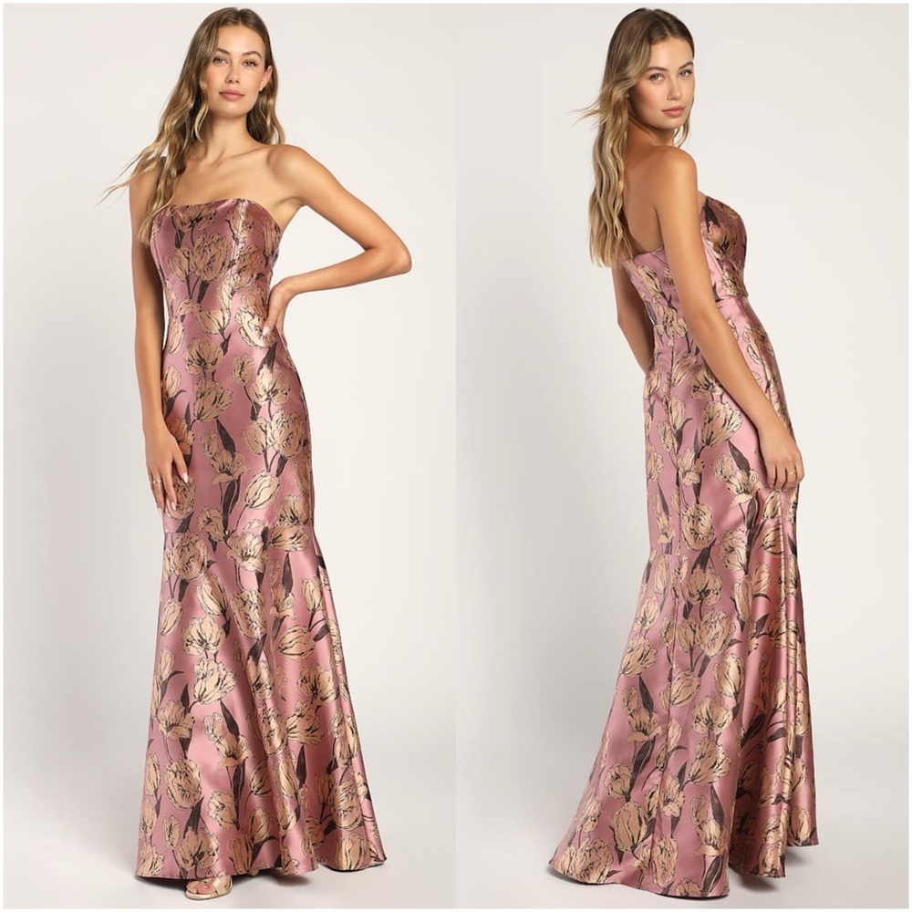 LULU'S Gowning Around Mauve
Floral Jacquard Strapless Maxi Dress